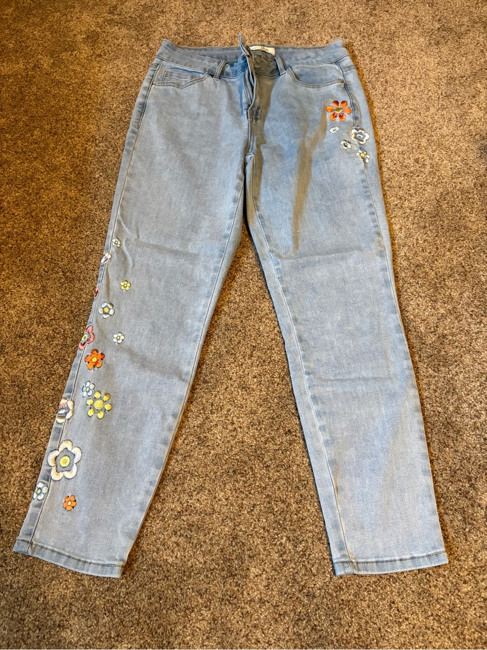 CHARLIE B Light Blue Straight Leg Jeans with Floral Embroidery
